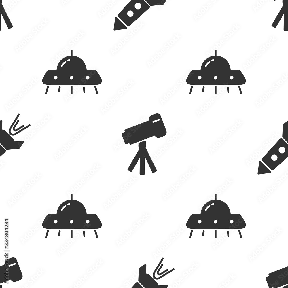 Poster set rocket ship with fire, telescope and ufo flying spaceship on seamless pattern. vector