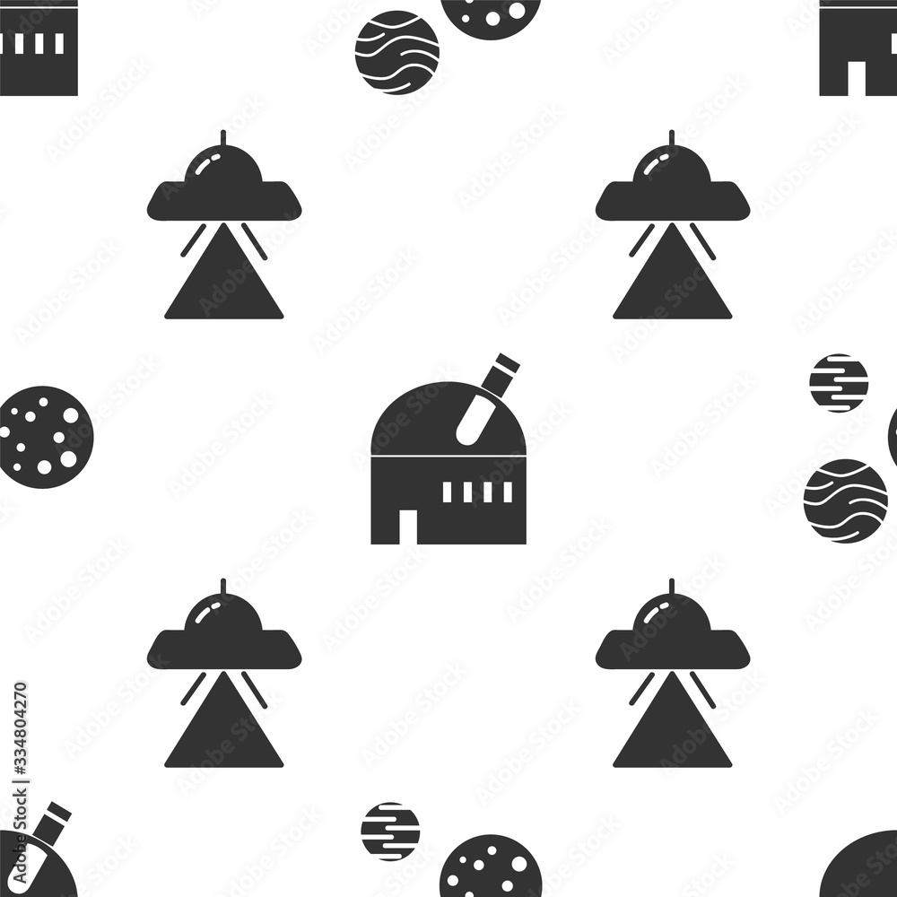 Poster set planet, astronomical observatory and ufo flying spaceship on seamless pattern. vector