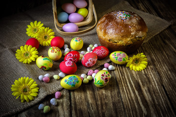 Easter composition with traditional Russian Easter bread kulich. Hand painting Easter eggs. The concept of religious holidays, family traditions. Selective focus.