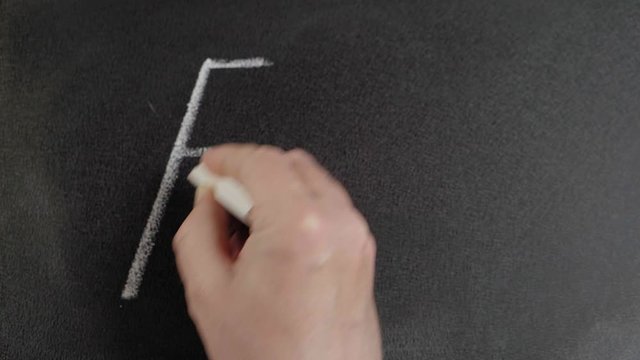 End. Man hand writes the word end by chalk on a blackboard