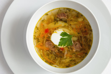 shchi with sour cream decorated with parsley leaf