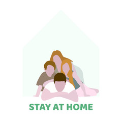 Flat vector image. I stay at home awareness social media campaign and coronavirus prevention: family staying together.