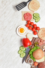 Ingredients for tasty burger on white background