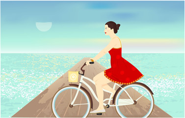 Summer banner with cute girl on a bike on the pier. Seascape, spring