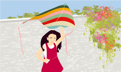 Banner with cute girl with a kite near the wall with greens and flowers, spring