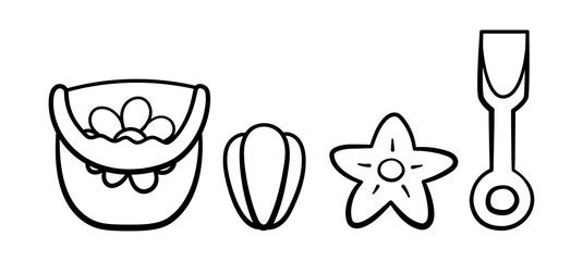 Plastic baby bucket, shovel and sand molds in outline style on white backgound