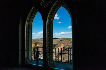 Exterior views from a gothic window. Alcazar de Segovia, Spain.