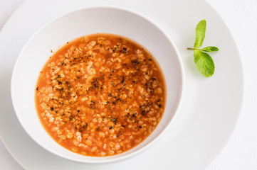 bride soup decorated with mint
