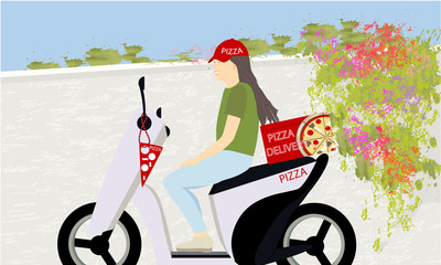 Banner with girl on a scooter near the wall with greens and flowers. Pizza delivery, spring