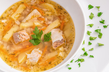 salmon soup decorated with parsley leaves