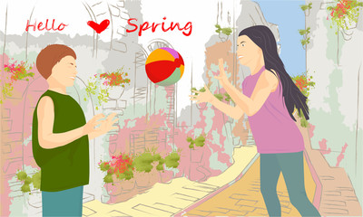 Hello Spring banner with kids playing ball on a street. Buildings, greens