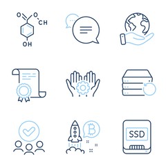Bitcoin project, Text message and Employee hand line icons set. Diploma certificate, save planet, group of people. Chemical formula, Recovery server and Ssd signs. Vector