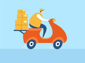 Vector illustration Express delivery. Courier on a bike delivering parcels. Quarantine period shipping. Online shop transportation. 