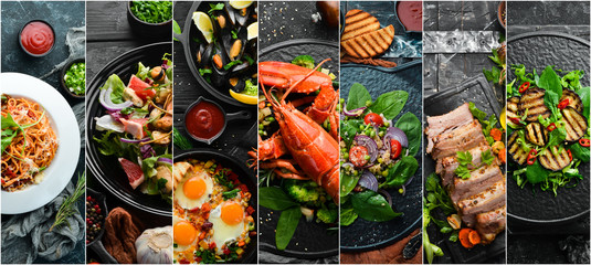 Food background. Collage of dishes and drinks on black stone background.