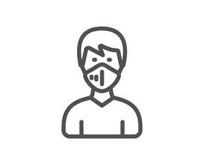 Man with medical mask line icon. Safety breathing respiratory mask sign. Coronavirus face protection symbol. Quality design element. Editable stroke. Linear style medical respirator icon. Vector