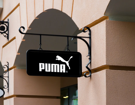 Sankt-Petersburg Russia October 20, 2017 :  Logo of Puma Store in the Pulkovo Outlet Village shopping area, PUMA SE is a major German multinational company that designs and manufactures footwear