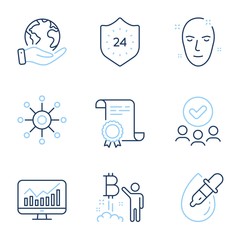 Bitcoin project, 24 hours and Eye drops line icons set. Diploma certificate, save planet, group of people. Multichannel, Health skin and Statistics signs. Vector