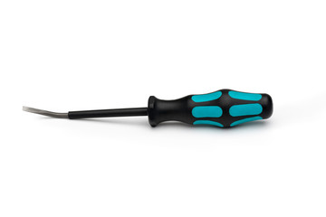 Isolate. Screwdriver with a black handle and a bent head on a white background.