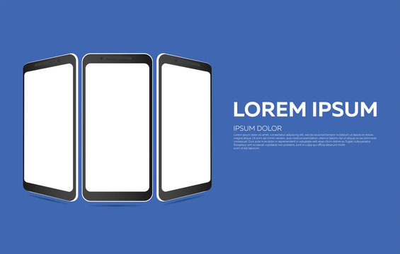 Realistic smartphones in black with a blank screen on a blue background, 3d, perspective, easy way to put a picture, screenshot or logo. Banner, poster, vector illustration