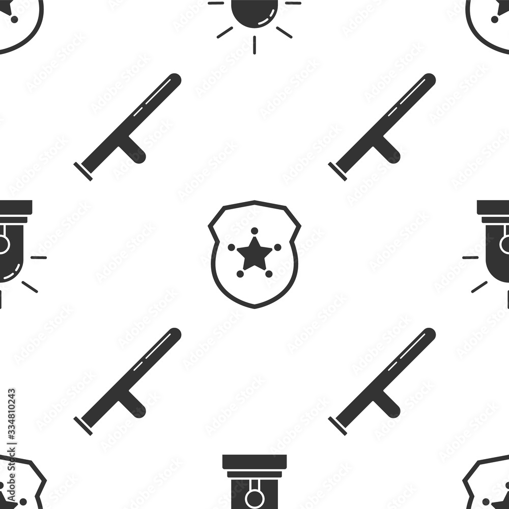 Sticker Set Flasher siren, Police badge and Police rubber baton on seamless pattern. Vector