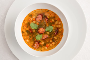 yellow pea soup with sausages