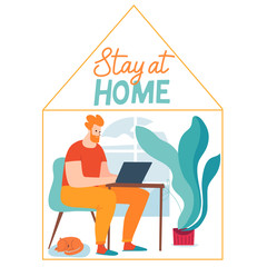 Stay home vector quarantine illustration with man work at home