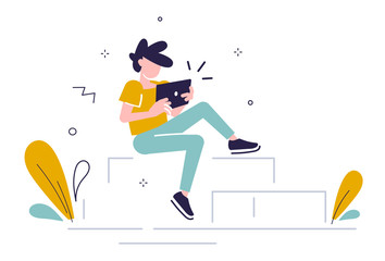 Vector creative business illustration of young man with tablet in a sitting pose on white background with plant. People place work at home.