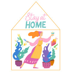 Stay home vector quarantine illustration with woman planting