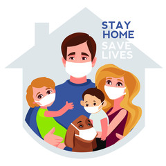 I stay at home awareness social media campaign and coronavirus prevention: family smiling and staying together