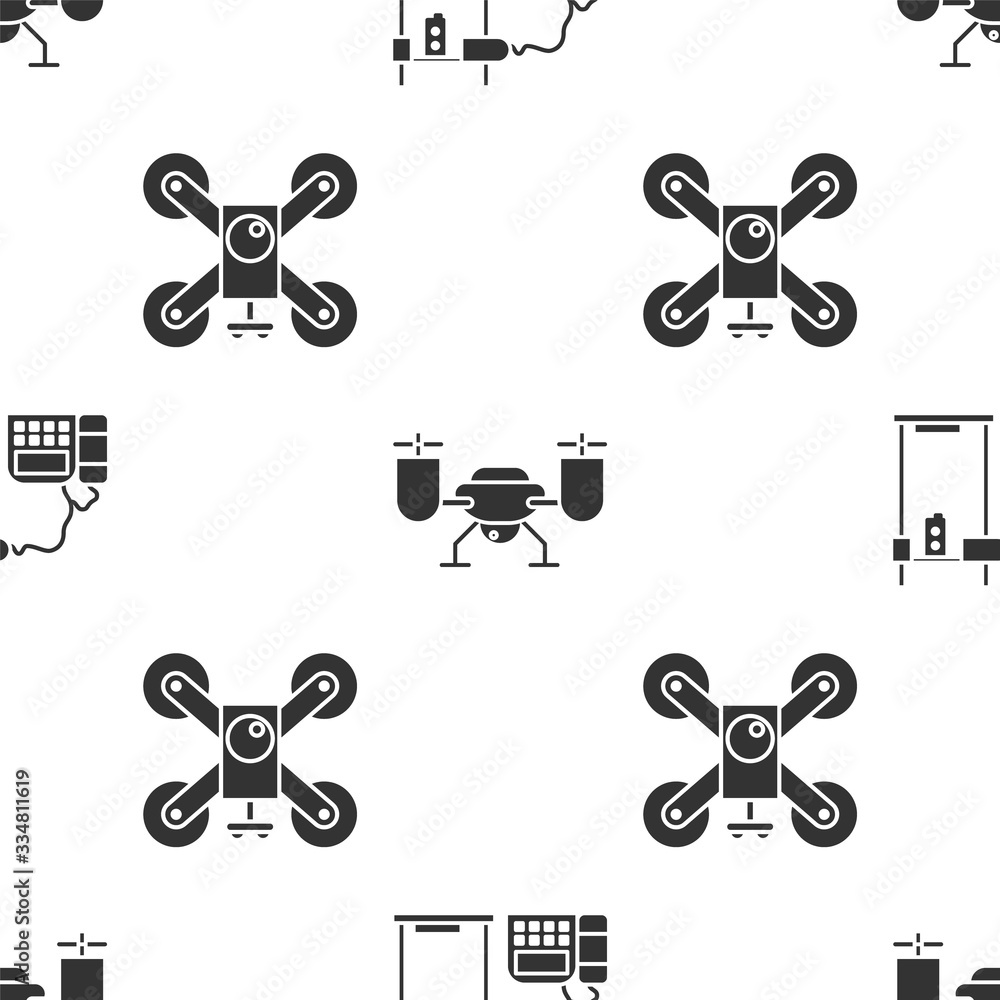 Poster set 3d printer, drone flying with action camera and drone flying with action camera on seamless patt