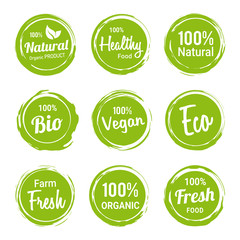 set of natural organic labels vegetarian products with circle grunge style