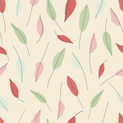 Hand drawn leaves seamless repeat vector pattern for wrapping paper,fabrics,textile,wallpaper.Botanical vector pattern.Pink,green,red and blue leaves on a beige background.