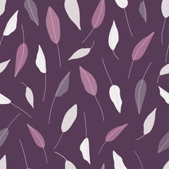 Hand drawn leaves seamless repeat vector pattern for wrapping paper,fabrics,textile,wallpaper.Botanical vector pattern.Purple,grey leaves on a dark purple background.