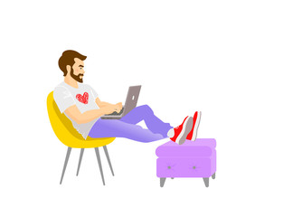 Freelancer works from home at relaxed pace, convenient workplace. Self-employed concept. Adorable man sitting in an armchair and working on laptop computer. Colorful illustration in flat style.