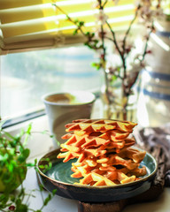 Belgian or american waffles (delicious sweet dish, dessert snack) menu concept. background. top view. copy space for text