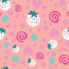 Muurstickers strawberry fruit heart balloon seamless repeat pattern design © Moonlie
