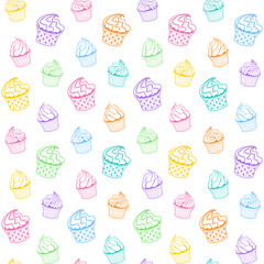 Graphic template with rainbow muffins and cupcakes on a white background in flat style. Vector seamless pattern for bakery, cafe, sweet shop, pastry shop, confectionery, printing on packaging, menu