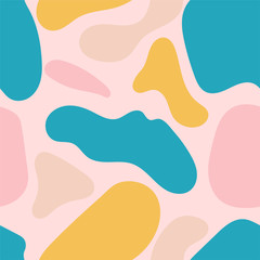 Abstract liquid shapes seamless repeat vector pattern.Hand drawn various shapes. Contemporary modern trendy vector illustrations.Blue,yellow and pink liquid shapes on pink background.