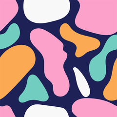 Abstract liquid shapes seamless repeat vector pattern.Hand drawn various shapes. Contemporary modern trendy vector illustrations.Green,yellow and white liquid shapes on a navy background.