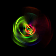 Spinning rays of light isolated on black background. Graphic 2D illustration of glowing colorful light particles in circular motion.