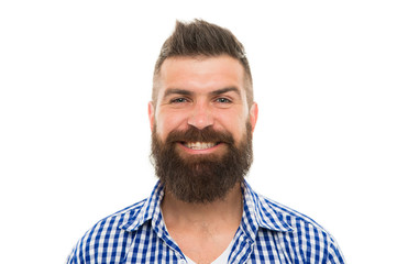 Obraz premium Bearded man smiling. Hipster with mustache and beard happy face expression. Happiness concept. Psychological health. Happy emotional guy. Emotional intellect. Happy man on white background