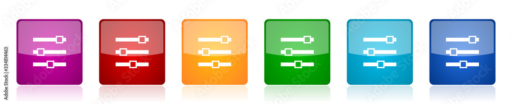 Poster Slider icon set, colorful square glossy vector illustrations in 6 options for web design and mobile applications