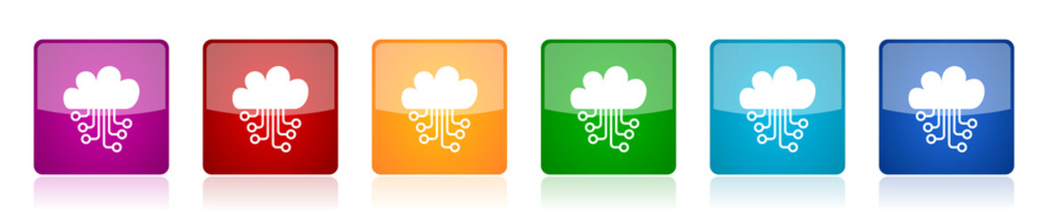Cloud computing icon set, technology, circuit, data colorful square glossy vector illustrations in 6 options for web design and mobile applications