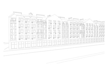 Multistory building facade, detailed architectural technical drawing, vector blueprint