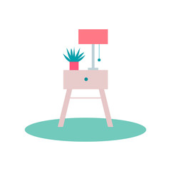 Little plant and lamp on a side table flat vector illustration.