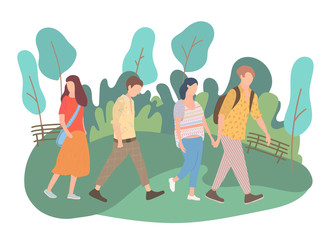 Modern young people walk park, great design for any purposes. Nature landscape with trees. Vector background with outdoor activity. Summer recreation. Friendship concept.