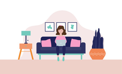 Woman sitting on a sofa with laptop flat vector illustration isolated on a white background.Studying or freelance concept.Girl working from home.Stay at home concept.