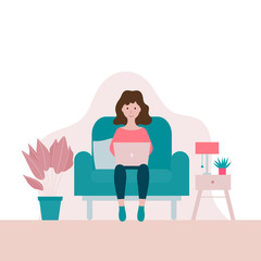 Woman sitting on an armchair with laptop flat vector illustration isolated on a white background.Studying or freelance concept.Girl working from home.Stay at home concept.