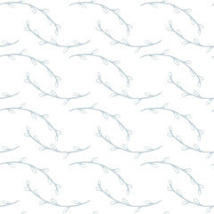 Vector seamless pattern. Blue-gray willow pattern on a white background. Vector drawn isolated. Concept for textile, covers, background, greeting card, wallpaper, clothes.
