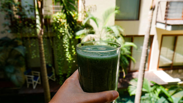 Woman hand holding healthy breakfast, superfood spirulina alg smoothie served on a glass with green tropical background, full of plants, palm trees and pool. Beautiful home background. 